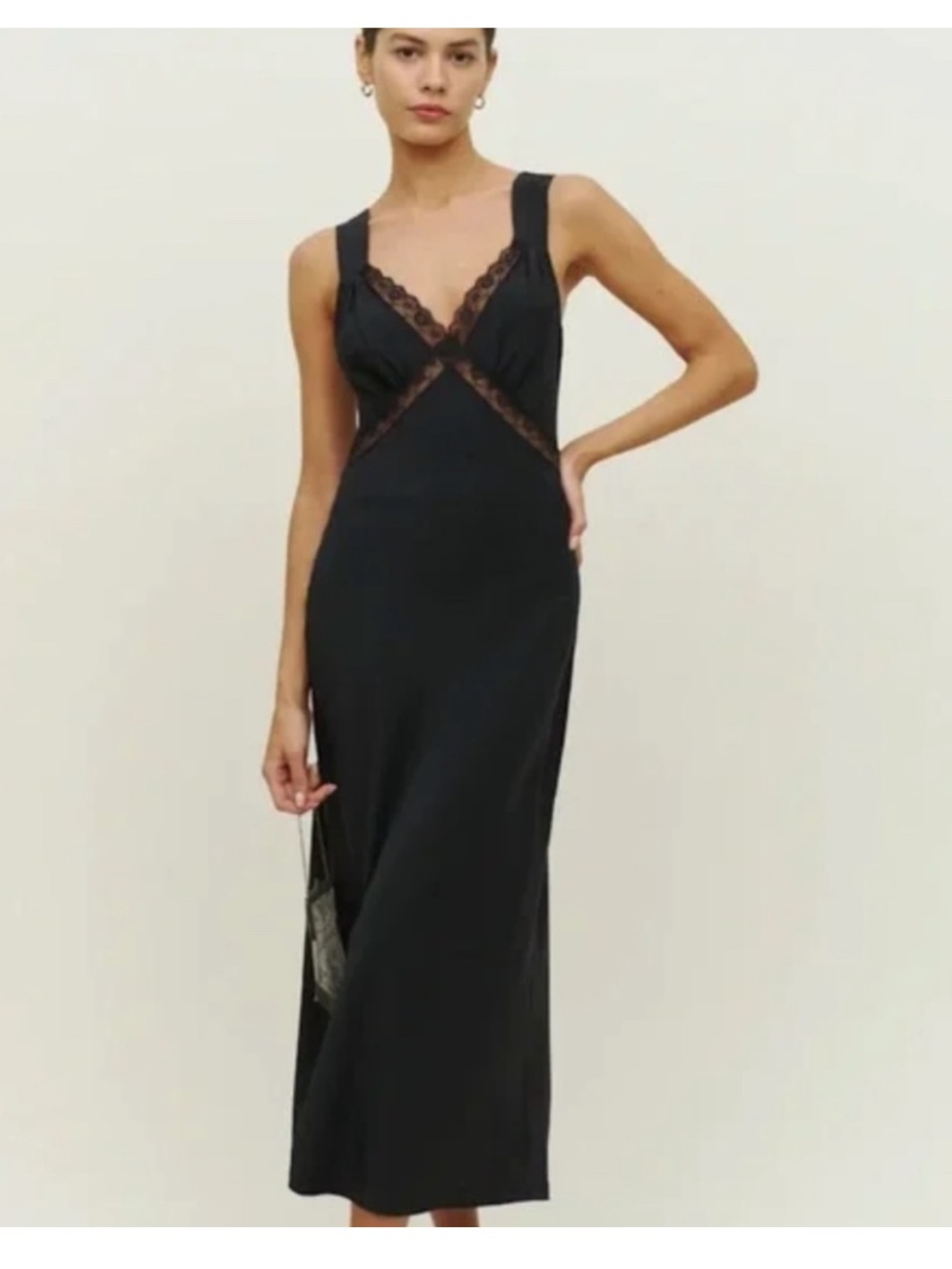 Reformation Black Lace-Trim Slip Midi